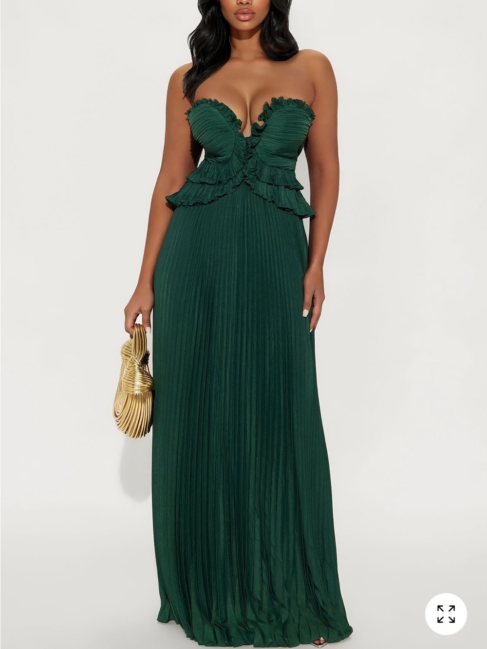 Fashion Nova Strapless Dark Emerald Ruffle Pleated Maxi Dress
